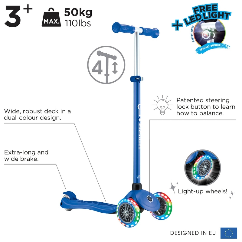 Globber Primo Plus Lights Scooter Navy Blue 4 Globber Primo Plus Lights Scooter Navy Blue