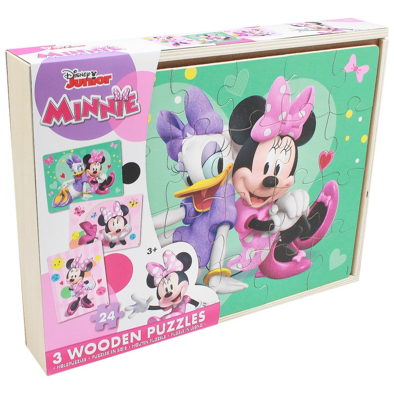 Disney Minnie Mouse 24 Piece Wooden Puzzles 3 Pack with Storage Tray
