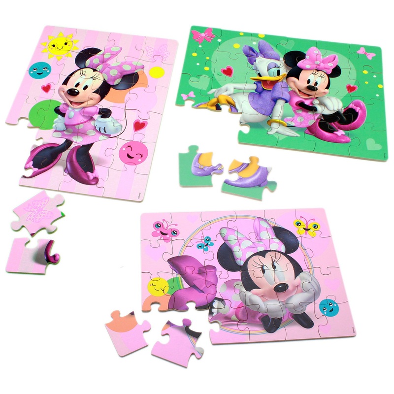 Disney Minnie Mouse 24 Piece Wooden Puzzles 3 Pack with Storage Tray