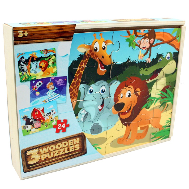 Explorer 24 Piece Wooden Puzzles 3 Pack with Storage Tray