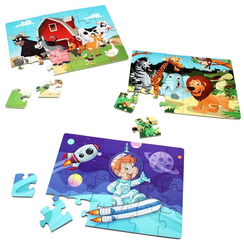 Explorer 24 Piece Wooden Puzzles 3 Pack with Storage Tray