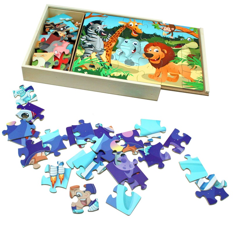 Explorer 24 Piece Wooden Puzzles 3 Pack with Storage Tray