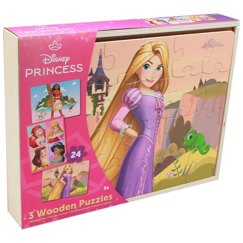 Disney Princess 24 Piece Wooden Puzzles 3 Pack with Storage Tray