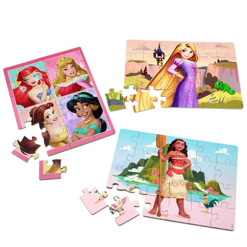 Disney Princess 24 Piece Wooden Puzzles 3 Pack with Storage Tray