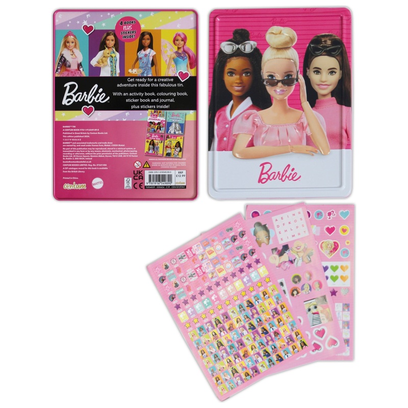 Barbie Colouring Pages Book and Stickers 4 Pack Activity Tin
