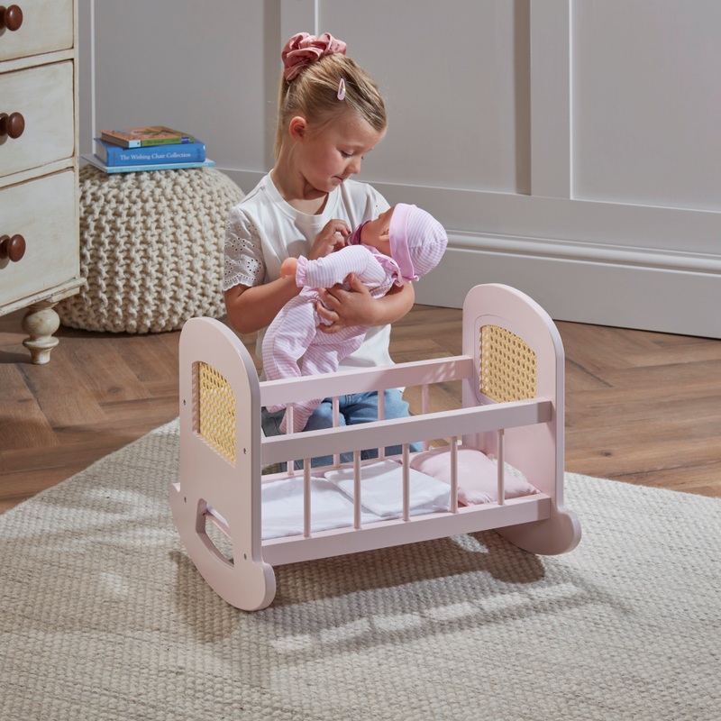 Ivy & Lily Wooden Baby Doll Rattan Cradle