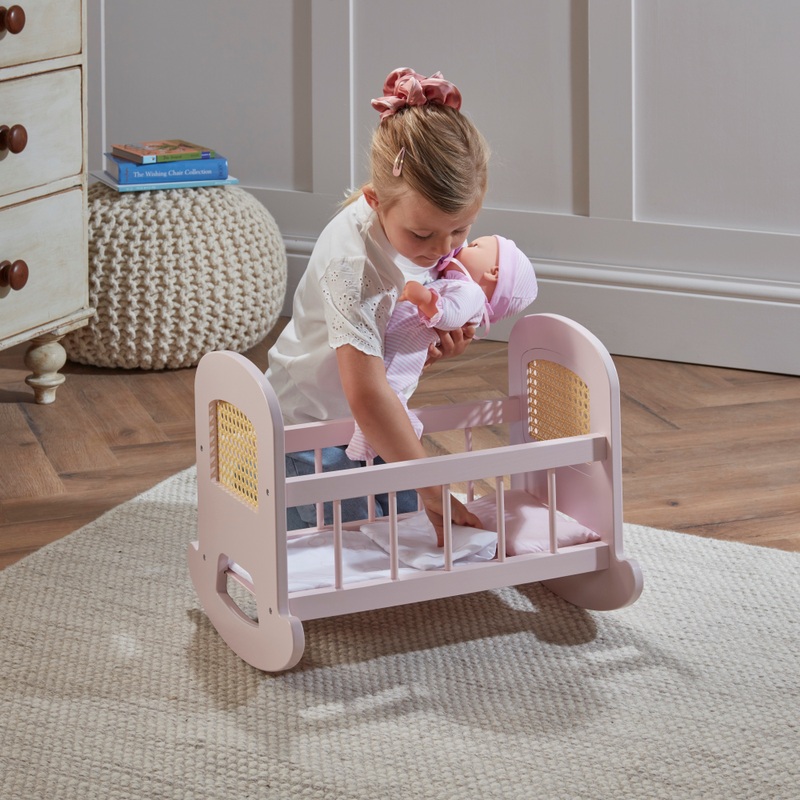 Ivy & Lily Wooden Baby Doll Rattan Cradle