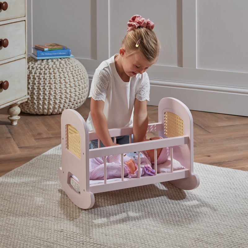 Ivy & Lily Wooden Baby Doll Rattan Cradle