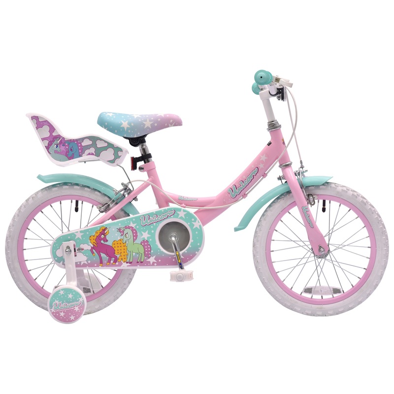 16 Inch Unicorn Bike with Doll Carrier Pink