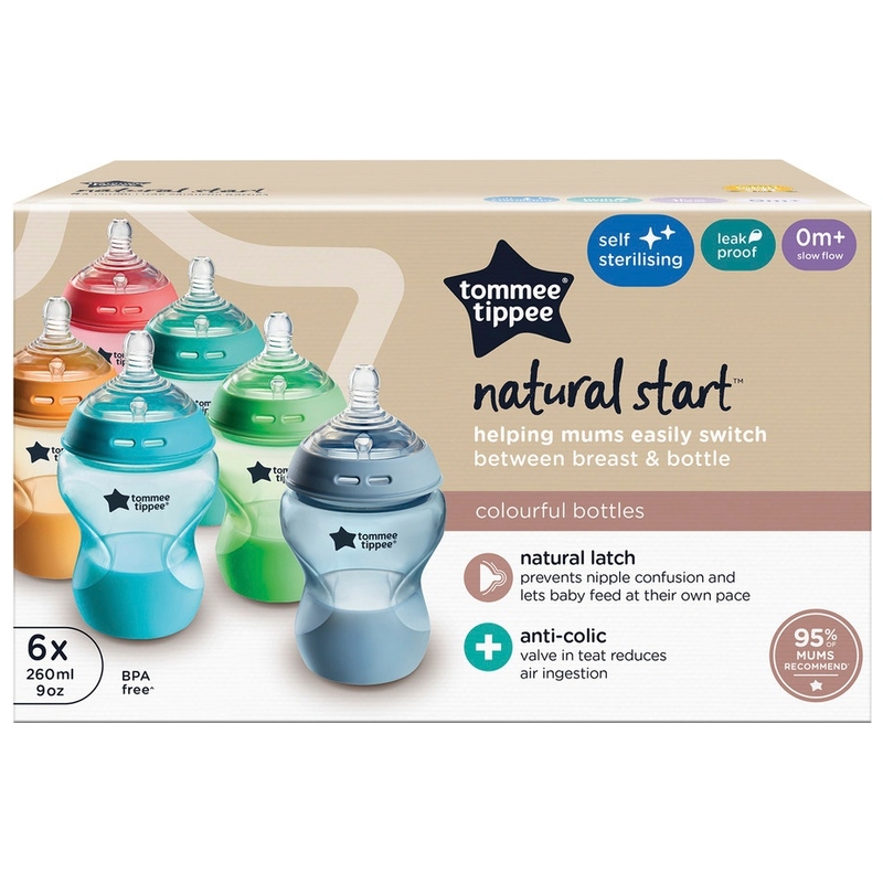 Tommee Tippee Natural Start Self-Sterilising Anti-Colic Baby Bottles 260ml Slow-Flow 6 Pack Multi