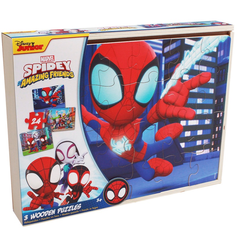 Spidey and His Amazing Friends 24 Piece Wooden Puzzles 3 Pack with Storage Tray