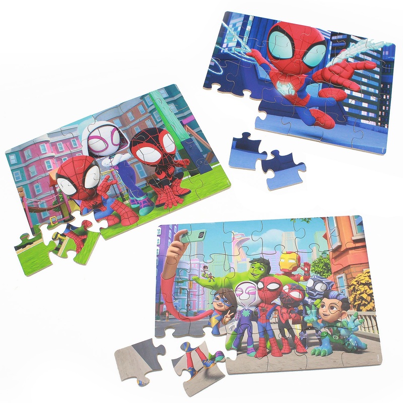 Spidey and His Amazing Friends 24 Piece Wooden Puzzles 3 Pack with Storage Tray