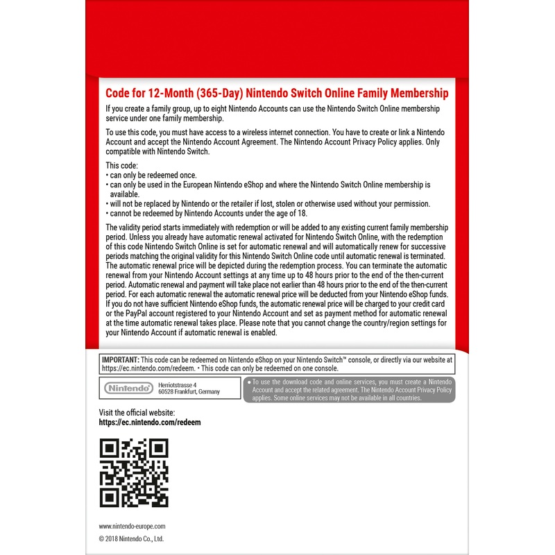 Nintendo Switch Online 12 Month Family Membership Digital Download