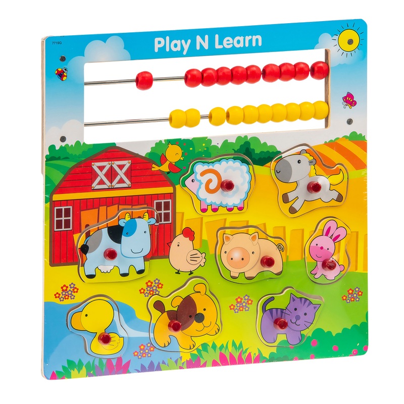 Play N' Learn Wooden Farm Animal Shapes Puzzle with Abacus