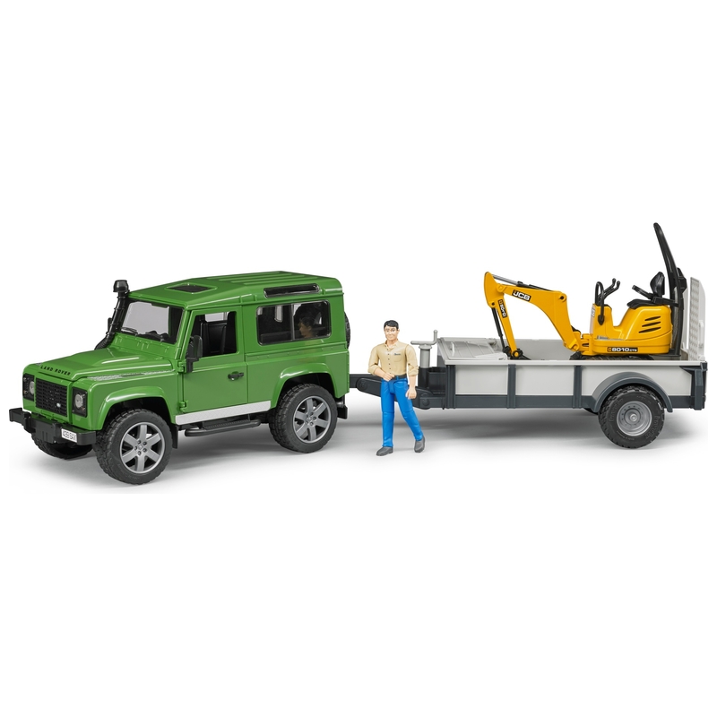 Bruder Land Rover Defender with Trailer, JCB Excavator and Worker
