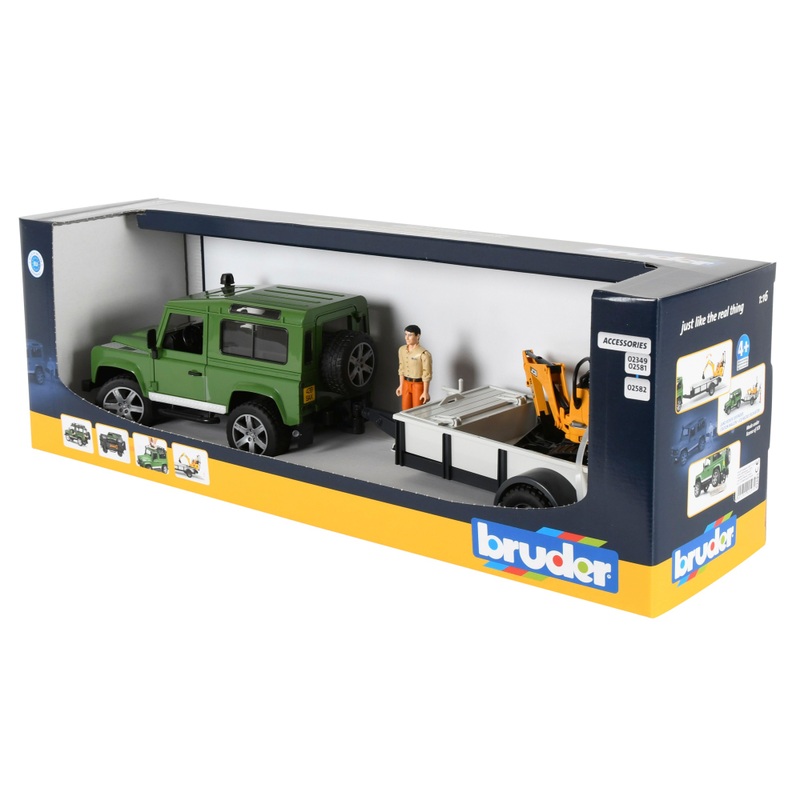 Bruder Land Rover Defender with Trailer, JCB Excavator and Worker