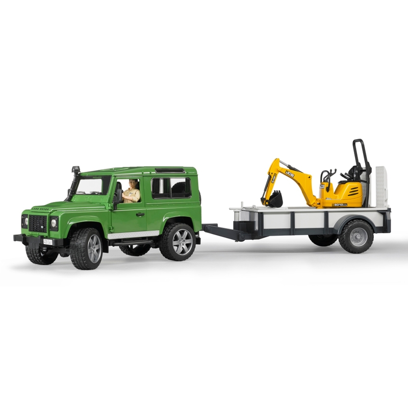 Bruder Land Rover Defender with Trailer, JCB Excavator and Worker