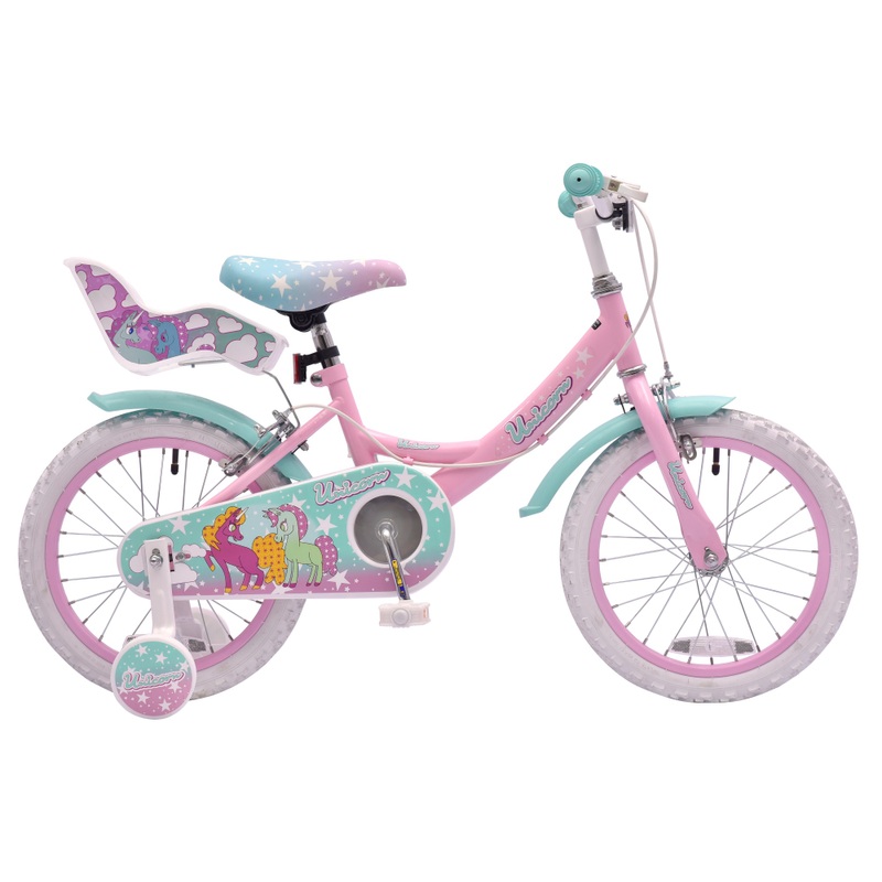 16 Inch Unicorn Bike with Doll Carrier Pink